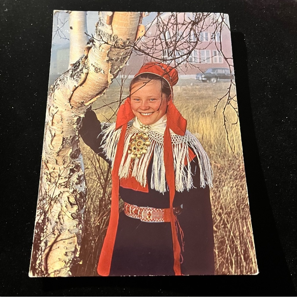 Vtg Postcard Voss Norway Indigenous Sami Girl in Gakti Traditional Dress Sampi